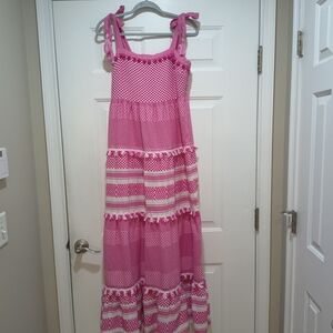 Crown & Ivy Bohemian Maxi Dress Pom Poms Tassels Embroidered Pink & White Medium